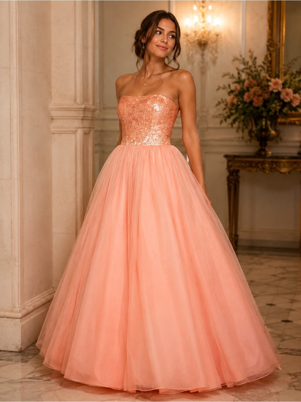 Pink and Gold Strapless Gown